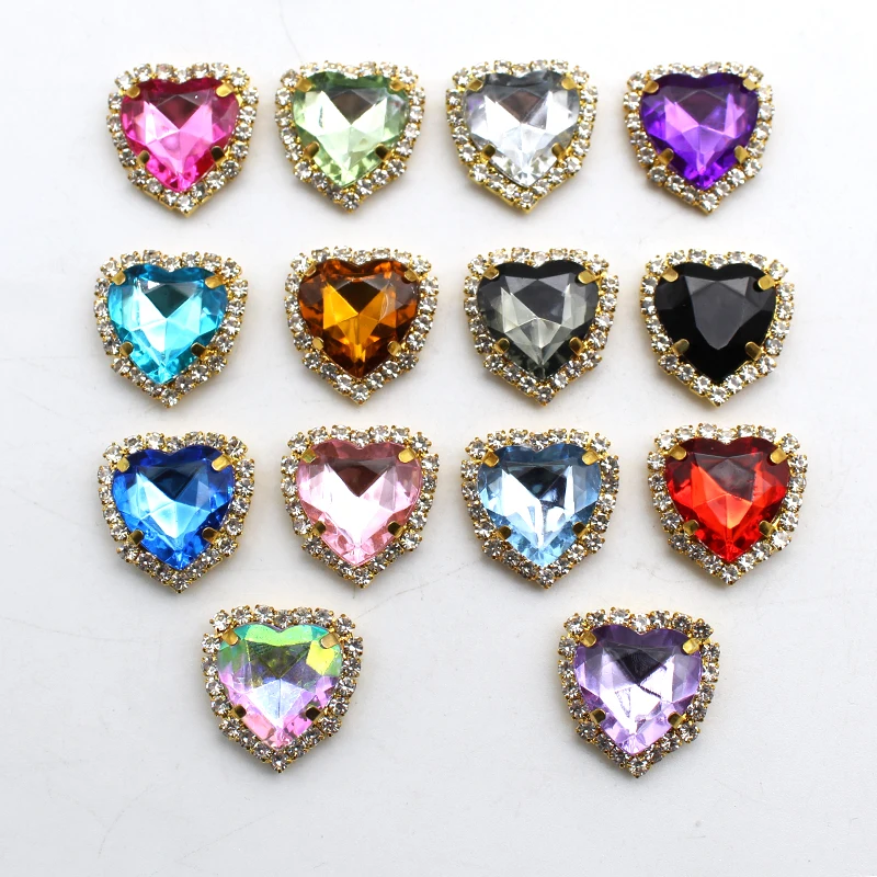 20mm 10pcs Gold Flat Bottom Heart Rhinestone Ornament for Wedding Headwear Jewelry Clothing Sewing Decoration