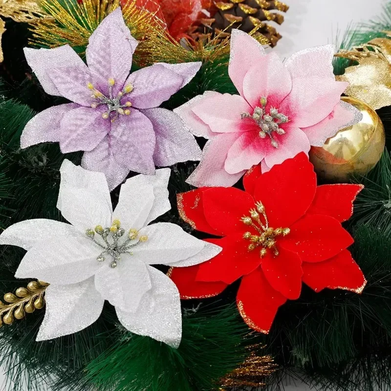 10/100pcs Artificial Glitter Christmas Flowers Red Fake Flower Florals Garland DIY Xmas Tree Ornament New Year Party Home Decor