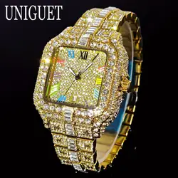 UNIGUET Luxury Diamond Quartz Watch for Men Rainbow Dial  Calendar Hip Hop Iced Out Gold Wristwatch Mens Fashion Accessory 2025