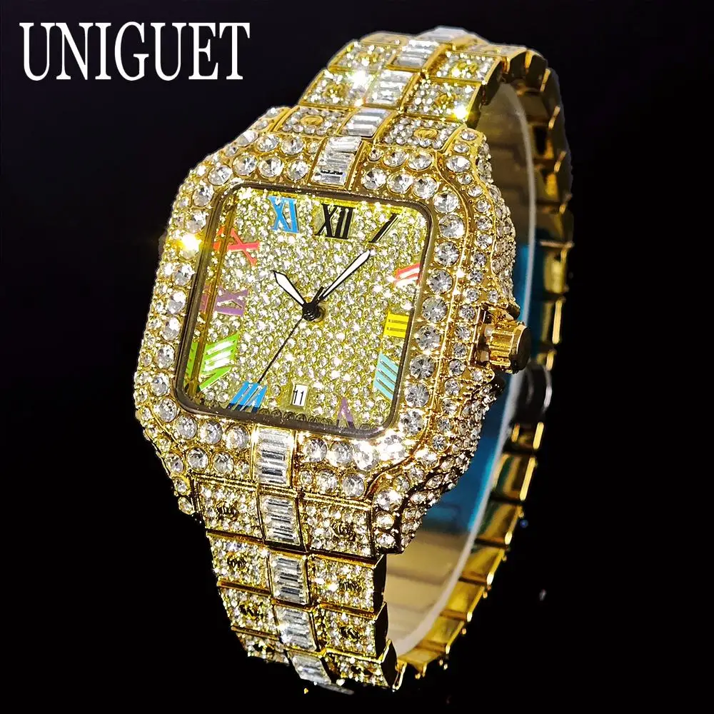 2025 UNIGUET Luxury Diamond Watch For Men With Rainbow Dial Calendar Quartz Watches Fashion Hip Hop Iced Out Wristwatch Man Gift