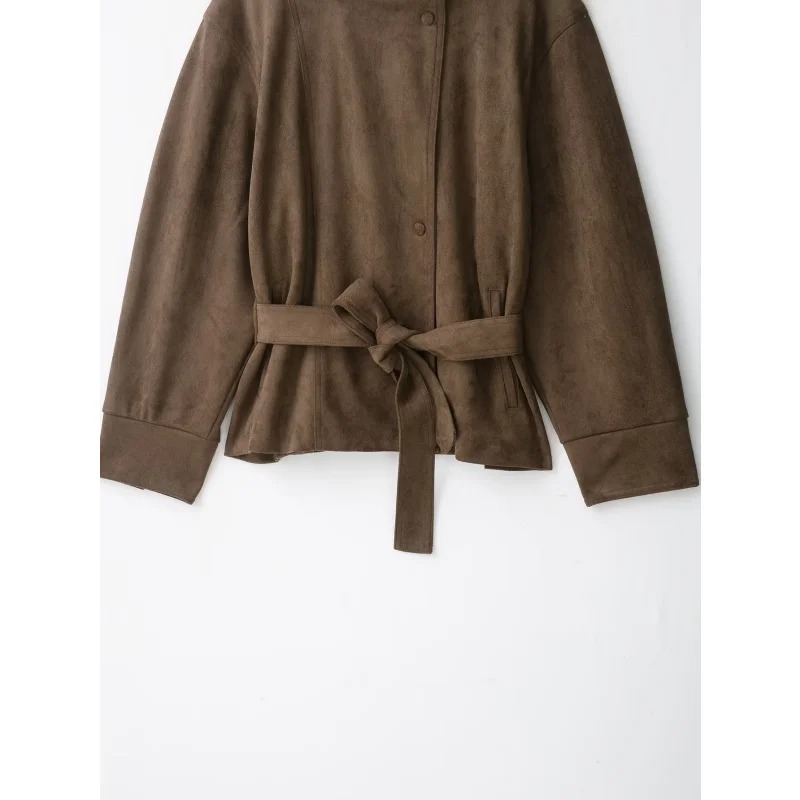 Damen Herbst Winter Hochkragen Wildlederjacke Einfarbig Einreihig Langarm Gürtel Tailliert Lockerer Mantel Lässige Mode Streetwear – Detail 16