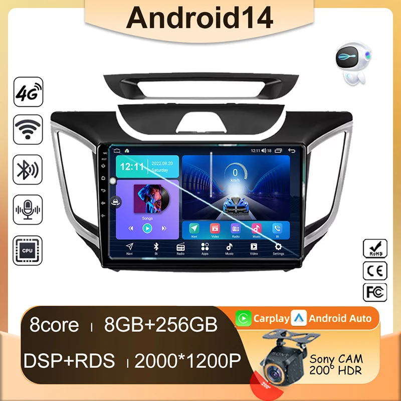 Car Android For Hyundai Creta IX25 2015 - 2019 Player Auto Radio Multimedia GPS 360 Camera HDR CPU QLED Wifi 5G BT Navigation