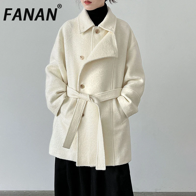 

FANAN Irregular Design Wool Coats For Women Lapel Thick Warm Double Breasted Jackets Office Lady Outwear 2025 Winter New