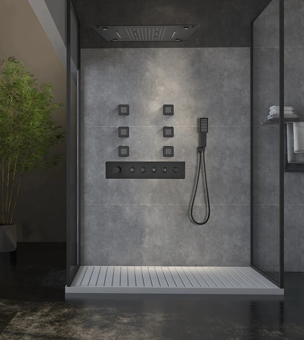 

Luxury Wall Mounted Concealed Bathroom Waterfall Shower System Set ceilling install Thermostatic Rainfall Shower Set,Black