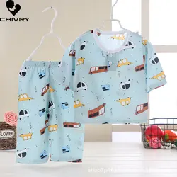 Kids Boys Girls Pajamas New 2023 Summer Thin Cute Cartoon Three-quarter Sleeve O-Neck Tops with Pants Baby Sleeping Clothes Sets