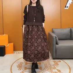 Fashion Loose Spliced Printed Fake Two Pieces Casual Dresses Women's Clothing Autumn New Oversized Long Sleeve Midi Dress