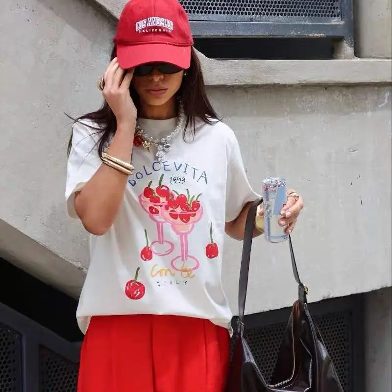 Sweet Cute Cherry Cocktail Print Cotton T-Shirt Retro 90s Italian Summer Fruit Graphic Crew Neck Tee | Y2K Aesthetic Casual Top