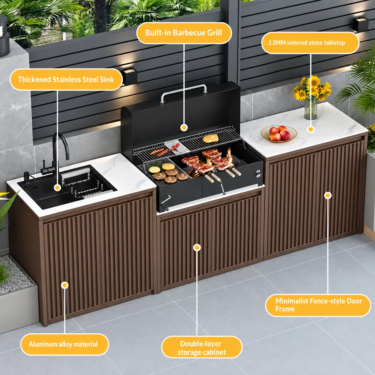 Outdoor Barbecue Grill, Courtyard, All-Aluminum Alloy Custom Storage Cabinet Handwashing Basin, Outdoor Rock Slab.