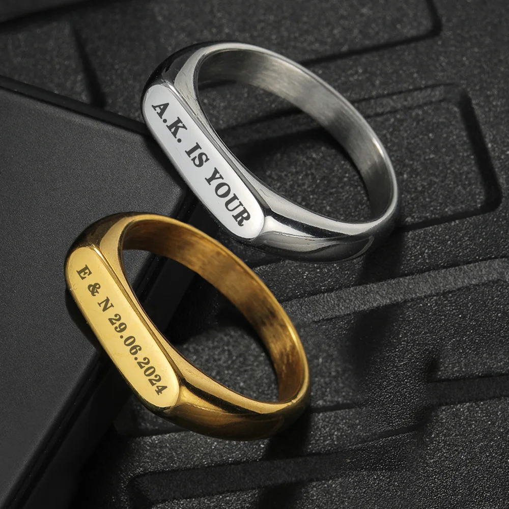 Customized Stamp Ring Carving Name Logo Photo Copule Jewelry Stainless Steel Rectangular Men's Family Wedding Personalized Gift