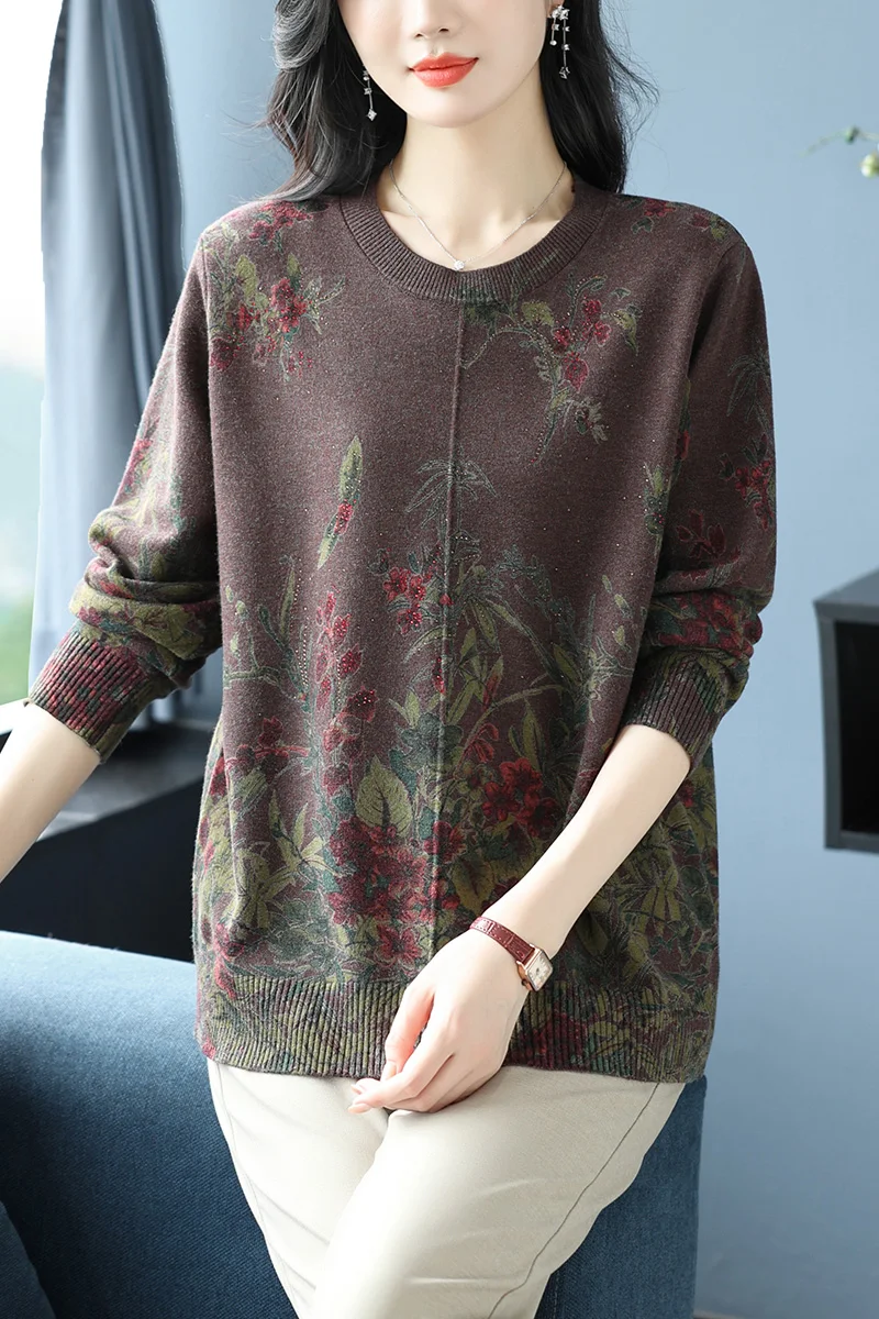 

Floral Print Women's Sweaters Autumn Winter Women Clothing Pullover Long Sleeve Top Femme O Neck Knitted Sweater