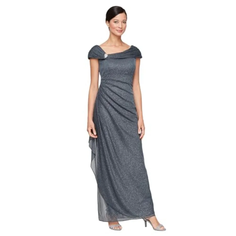 

Women's Long L-Neck Glitter Mesh Mother of the Bride Dress with Ruched Neckline Petite and Regular Sizes