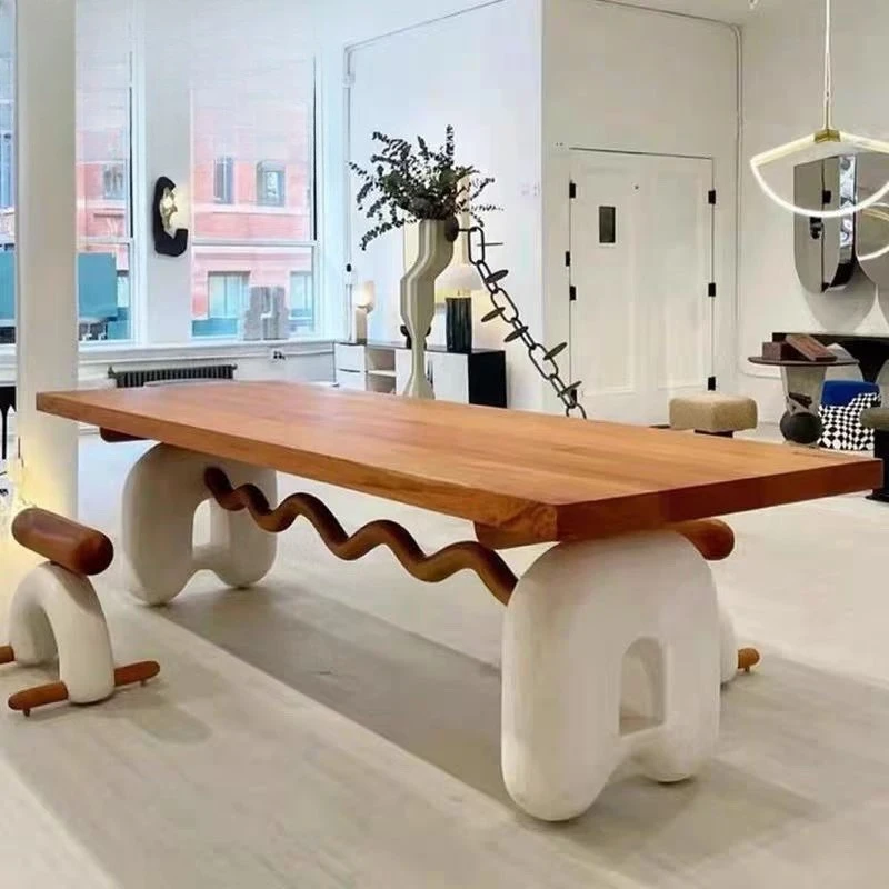 

White wood dining table cream household solid wood desk retro small apartment French designer rectangular Nordic dining table
