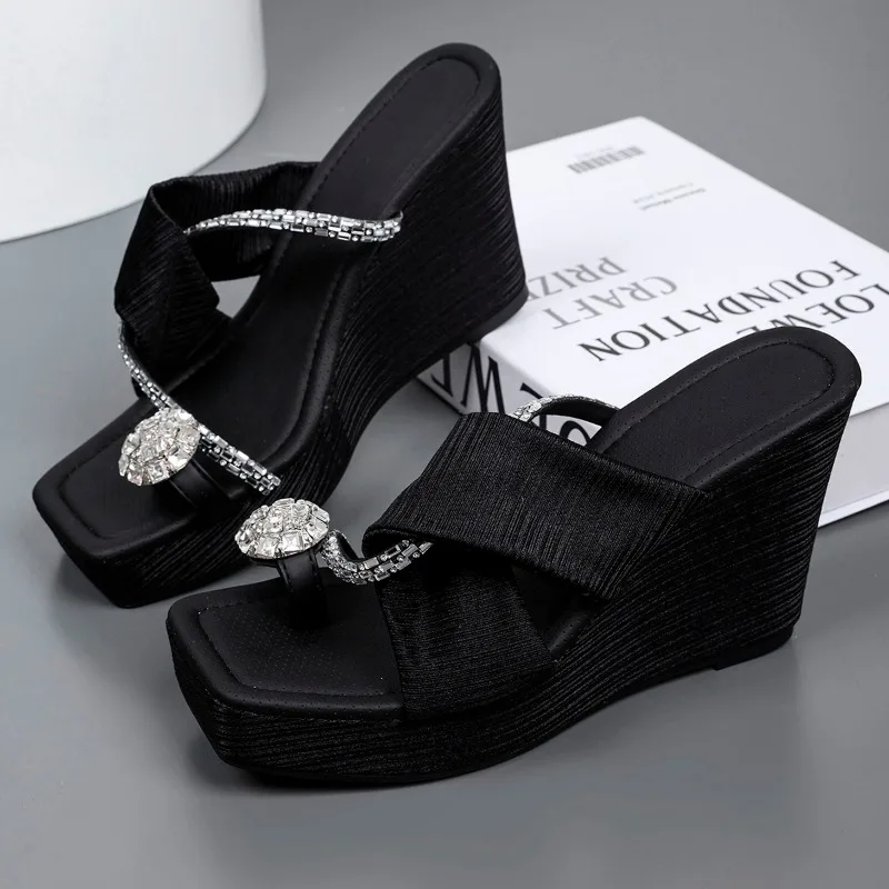 Wedge Sandals for Women 2024 Summer New Luxury Rhinestones Women\'s Slippers Light Comfortable Female Flip Flops Chanclas Mujer