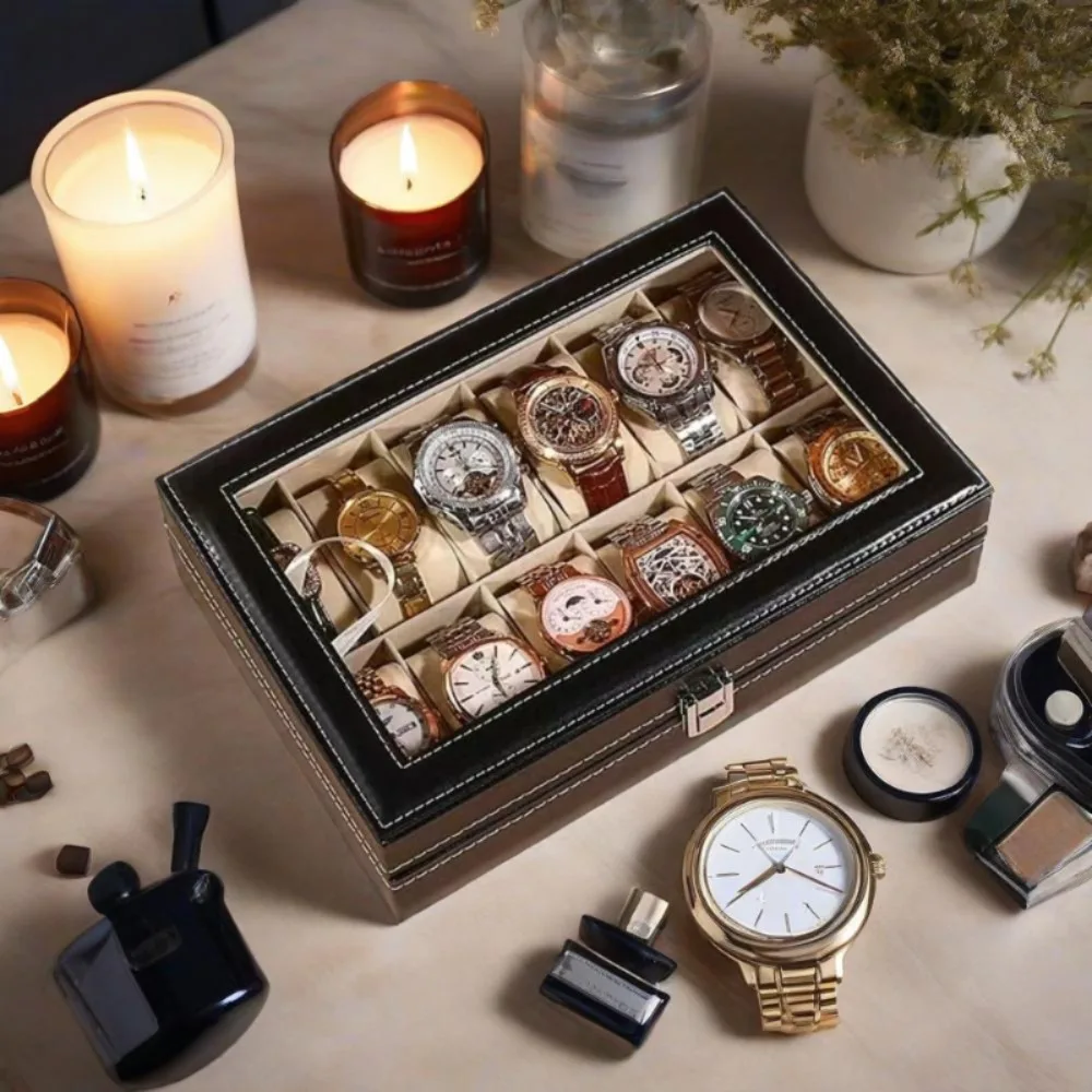 Newly Upgraded Classic Watch Storage Box,Practical,Exquisite Design,Black PU Leather Jewelry,Watch Organizer