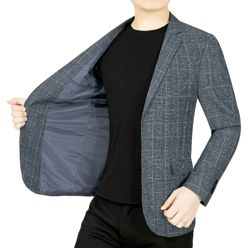 

2026 Spring Autumn Blazer Non-ironing Plaid Single-breasted Male Suit Outerwear Thin Long Sleeve Business Office Man Coat