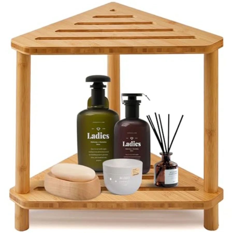 

Bamboo Corner Shower Stool2-Tier Waterproof Shower Stool for Inside Shower Shaving Leg Small Spaces Shower Feet Rest with Stora