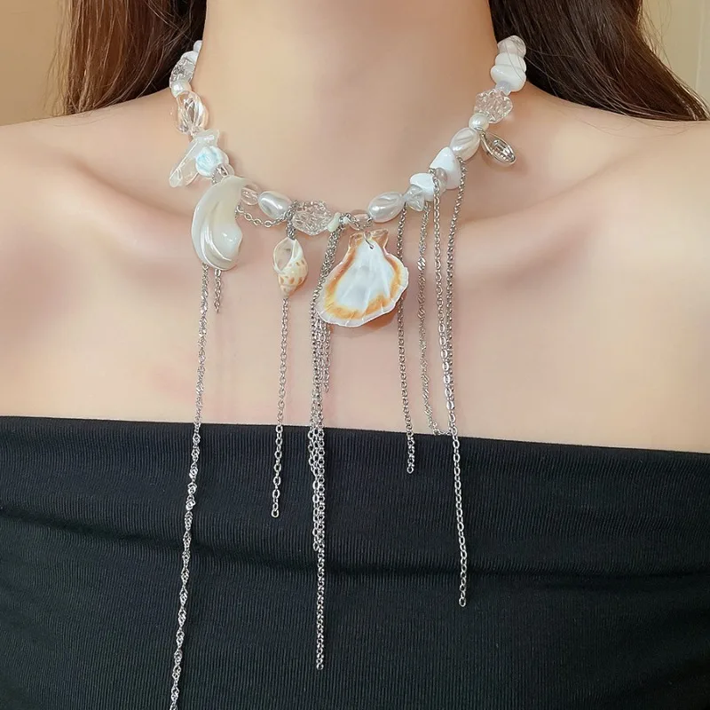 

Minar Bohemia Irregular Natural Trumpet Shell White Crystal Imitation Pearl Acrylic Tassel Pendant Necklaces for Women Chokers