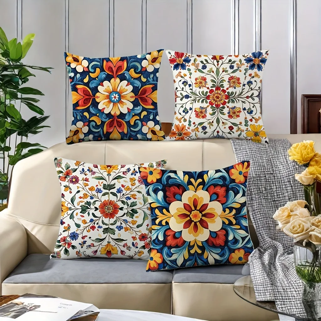 4pcs Bohemian floral pattern Single-sided printing Short plush Suitable for living rooms bedrooms sofas (excluding pillow cores)