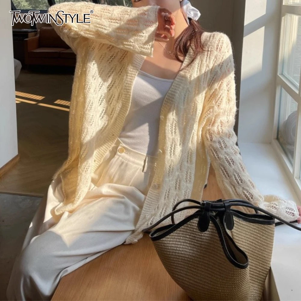 

TWOTWINSTYLE однотонные свободные свитера на пуговицах для женщин с v-образным вырезом и длинными рукавами, темпераментные топы, женские модные комплекты