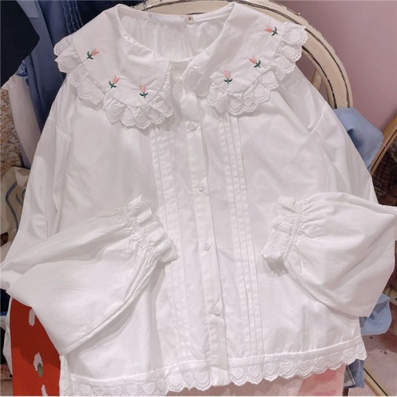 2024 Flower Jk Shirts Women Kawaii Peter Pan Collar Japanese Style Lolita White Lace Blouse Student Top Daily Sweet Fashion