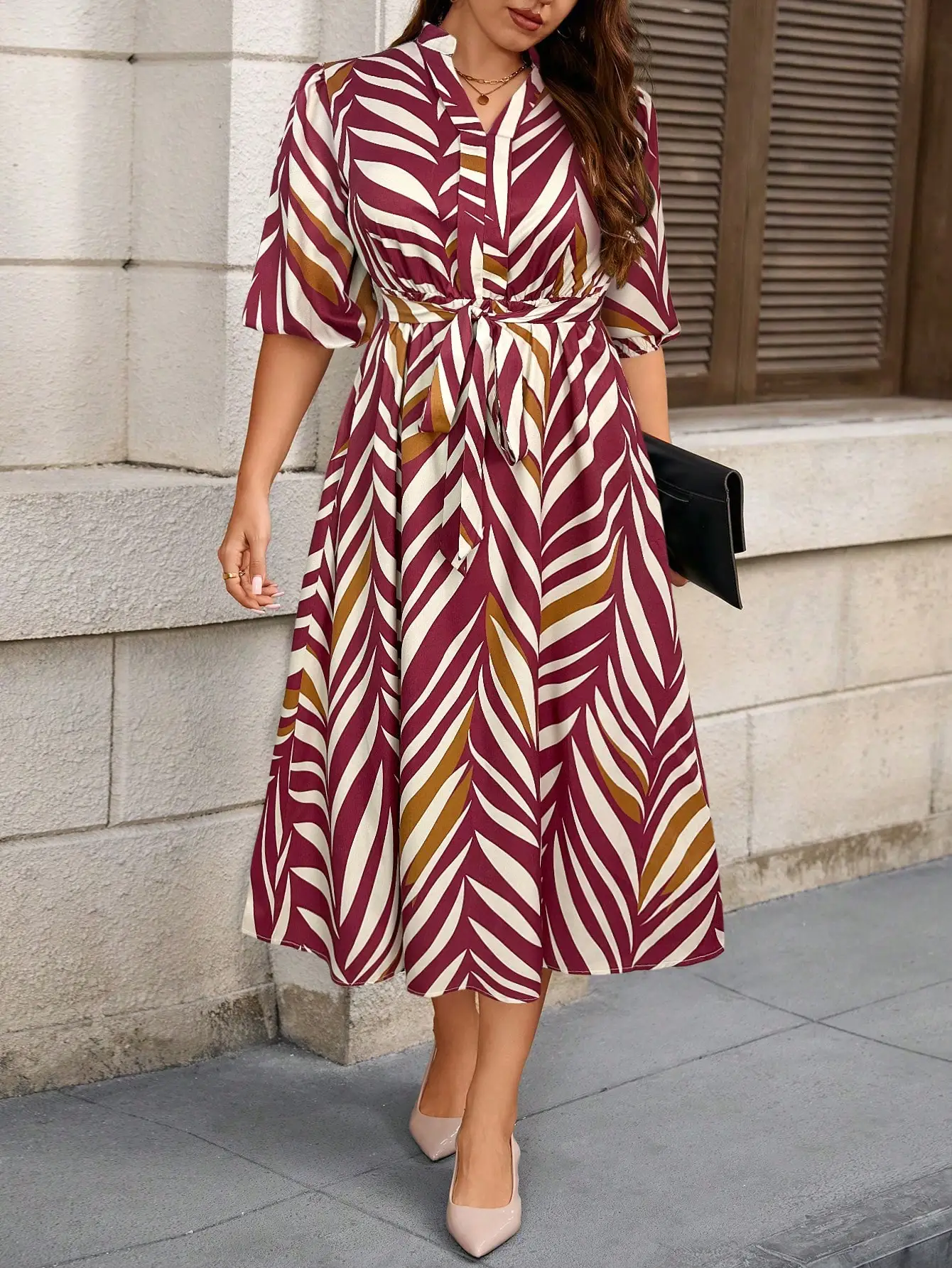 

Women's Burgundy Leaf Print V-Neck Waist Tie 3/4 Sleeve Midi Dress Elegant Casual