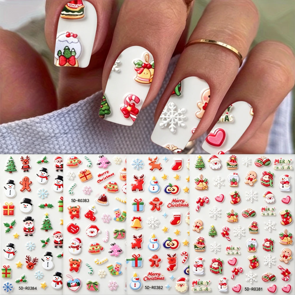 4Pcs 5D Santa Snowflakes Snowman Nail Stickers Gingerbread  Reindeer Xmas Tree Nails Decals DIY Winter Christmas Manicure Decor