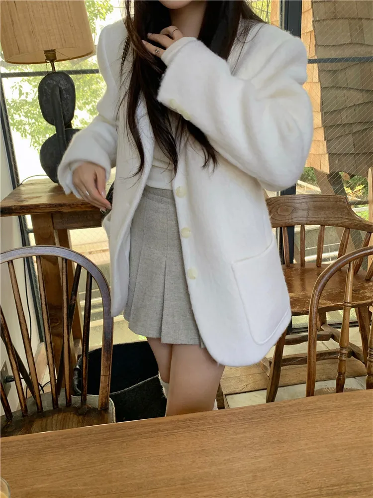 معطف صوفي طويل كريمي لطيف على الطراز الكوري موضة خريف وشتاء جديدة سترة فضفاضة غير رسمية أنيقة عتيقة سترة صوف أنيقة ملابس خارجية #4