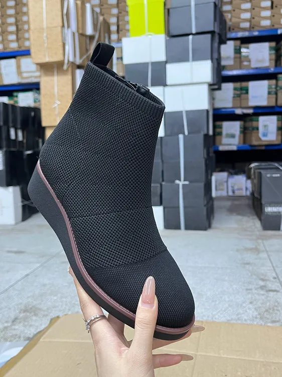 

Удобные вязаные ботинки для женщин с круглым носком, на тонком каблуке, модные, с боковой молнией, повседневные, универсальные, на весну и осень.