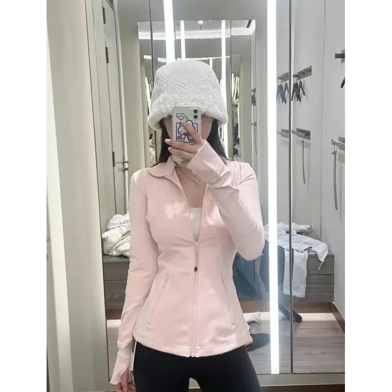 Women Define Long Sleeve Sports Jacket With Pockets High Elastic Fitness Yoga Running Zip Up Jackets Workout Coat Top