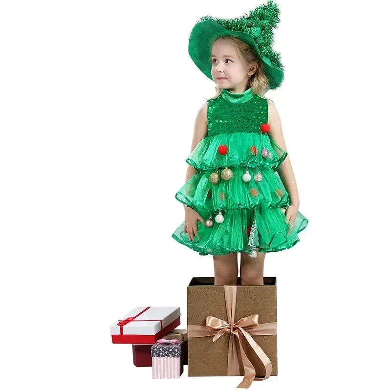 Christmas Tree Dress Kids Birthday Party Green Forest Sprite Mesh Tutu Cosplay Costume  Halloween Princess Clothing Party Supply