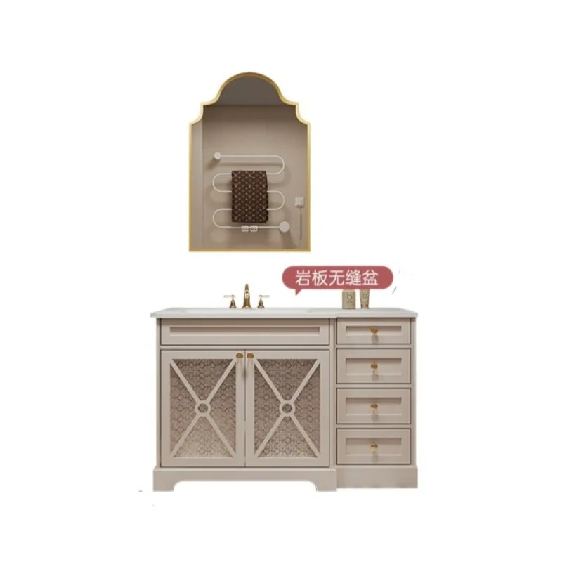 Slate seamless ceramic basin floor-to-ceiling American retro style rubber wood bathroom cabinet washstand