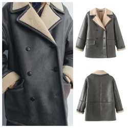 European and American style winter new temperament versatile lapel double-breasted PU fur one-piece jacket