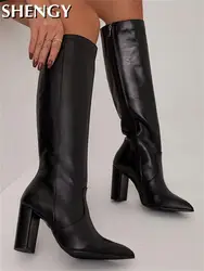 Botas até o joelho com zíper para mulheres, salto alto, dedo apontado, vaqueira ocidental, botas altas, lady shoes, moda inverno, 2023