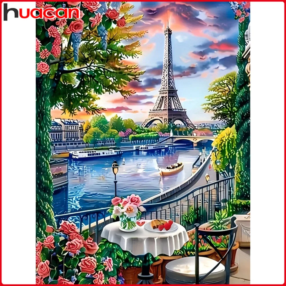 

Huacan Diamond Painting Building River Diamond Mosaic Landscape Flower Complete Kit Rhinestone Pictures