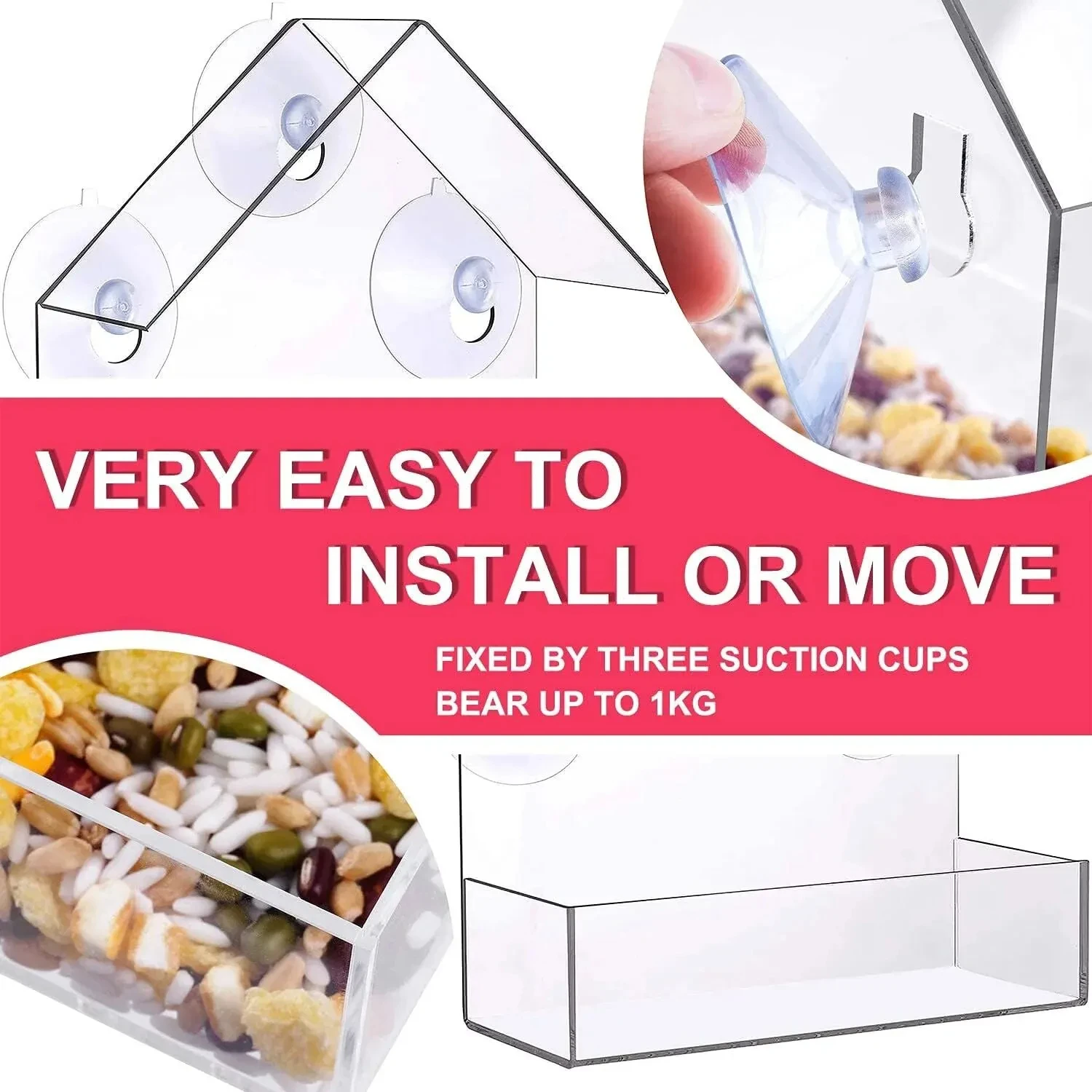 Clear Acrylic Window Bird Feeder with Suction Cup Hanging Outdoor Garden Backyard Wildlife Bird House for Bird Watching Feeding image 3