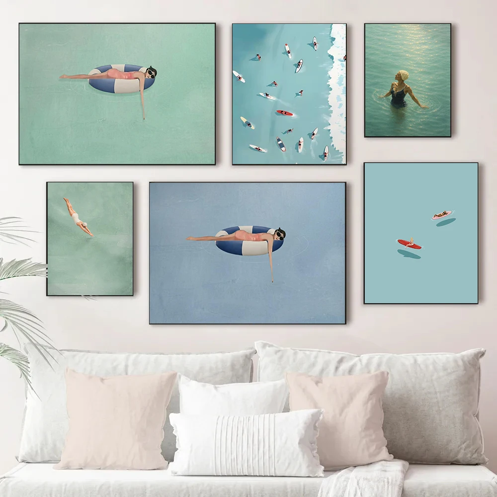 Chic Coastal Lake House Girl Swimming Poster Pool Party Minimalist Beach Prints Canvas Painting Wall Art Picture Home Room Decor