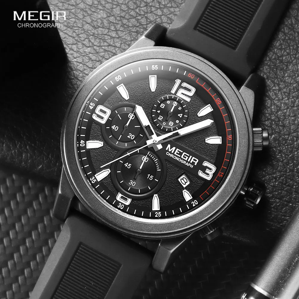 MEGIR Military Sport Watch for Men Fashion Black Silicone Strap Waterproof Luminous Quartz Wristwatch with Auto Date Chronograph