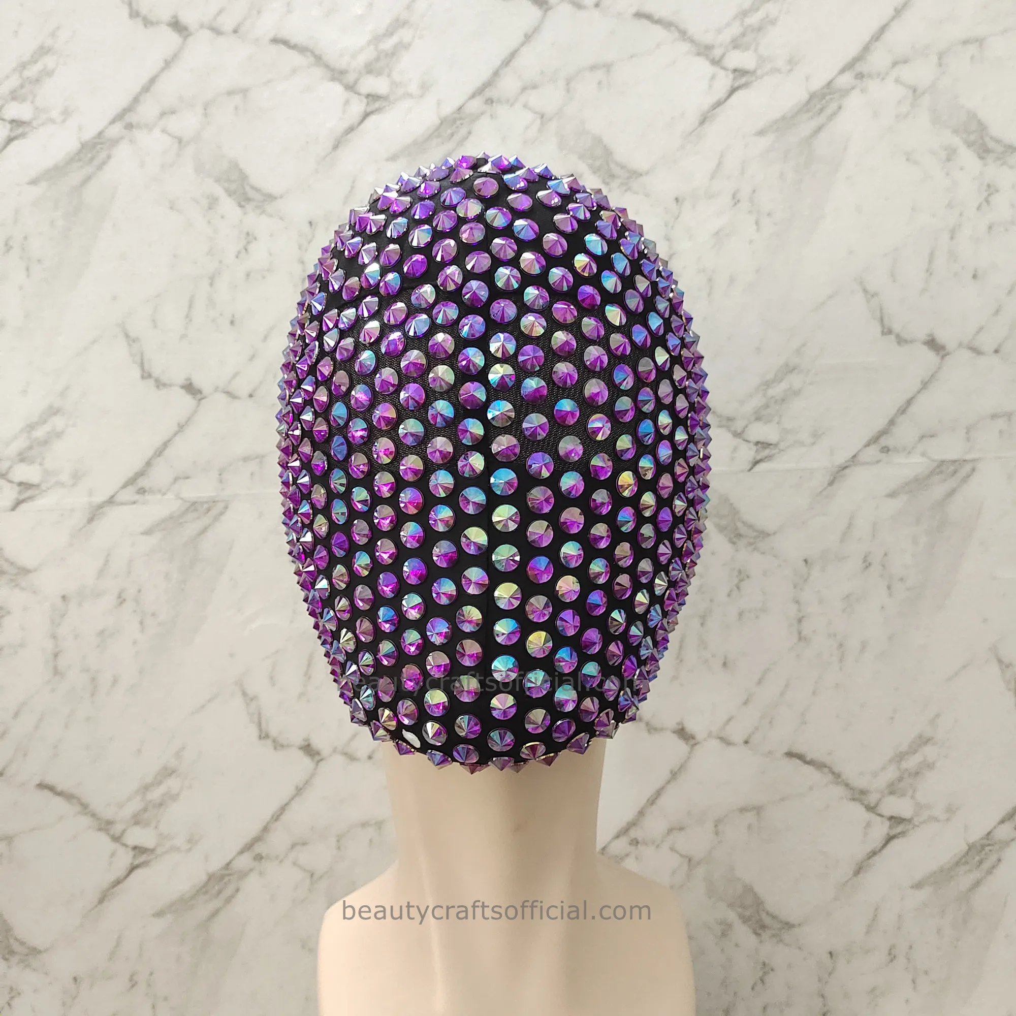 Magic Mirror Purple Studded Spikes DJ Dance Mask, Handmade Full Coverage Haute Couture Mask For Halloween, Cosplay, Rave, Party