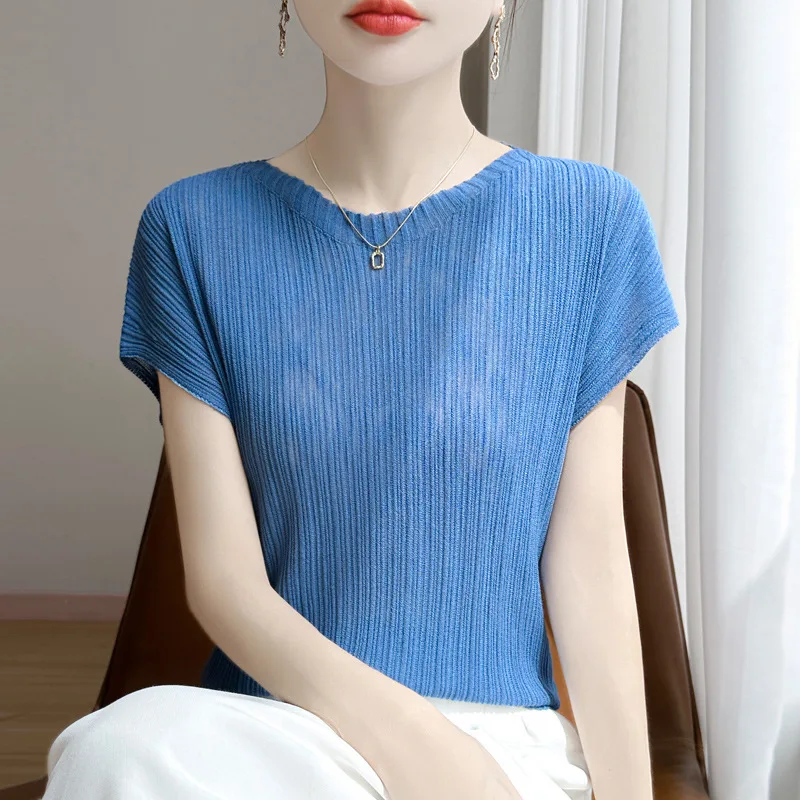 T-shirt a maniche corte slim slim da donna classica versatile semplice tinta unita colletto rialzato pieghettato estate 2025