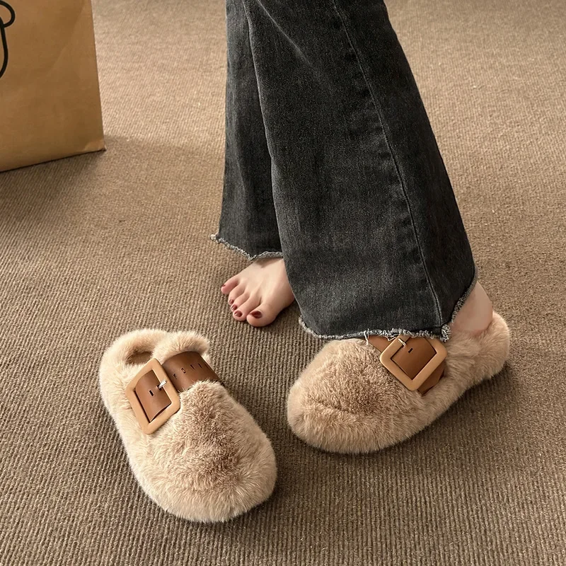 Curly Wool Fur Slippers Women Winter Shoes Ladies Fleeces Sandalias Warm Plush Slides Belt Buckle Fluffy Mules Female Pantuflas