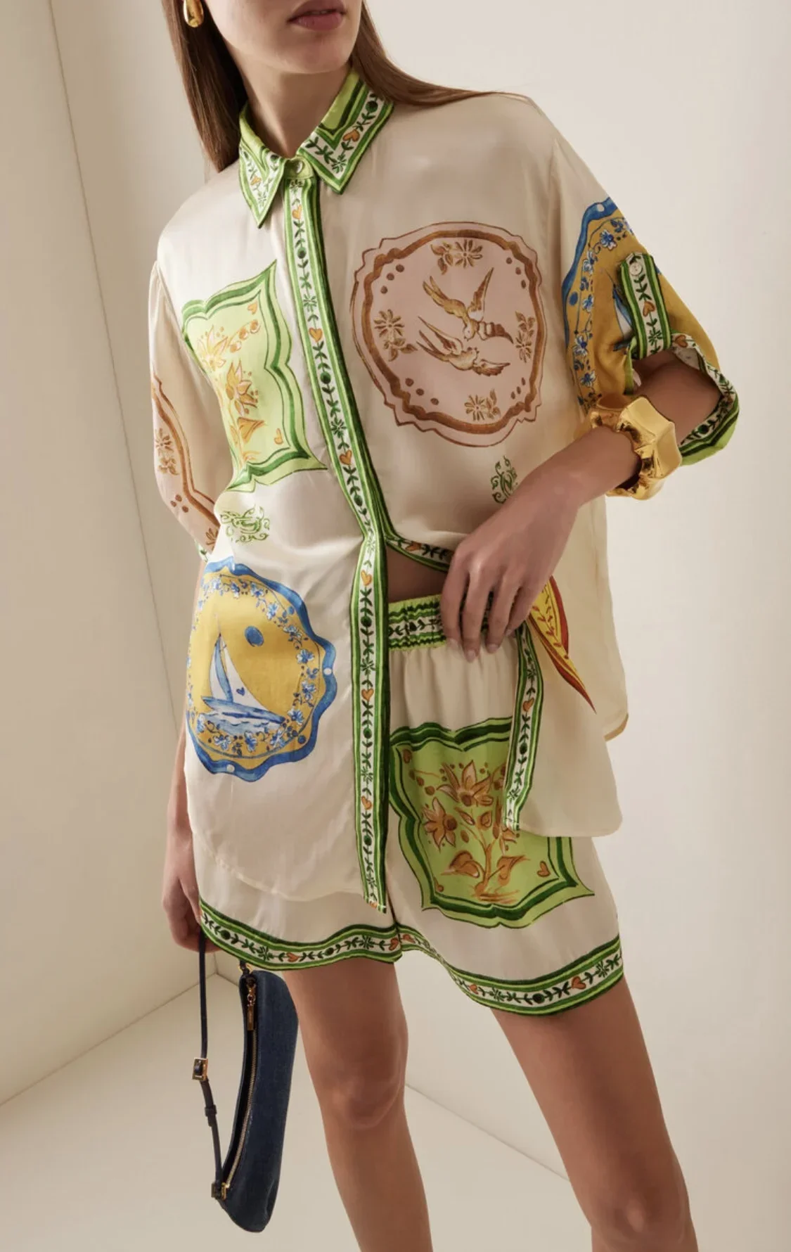 

Women Blouse Silk Turn-down Collar Single Breasted Shirt Or Elastic Waist Shorts