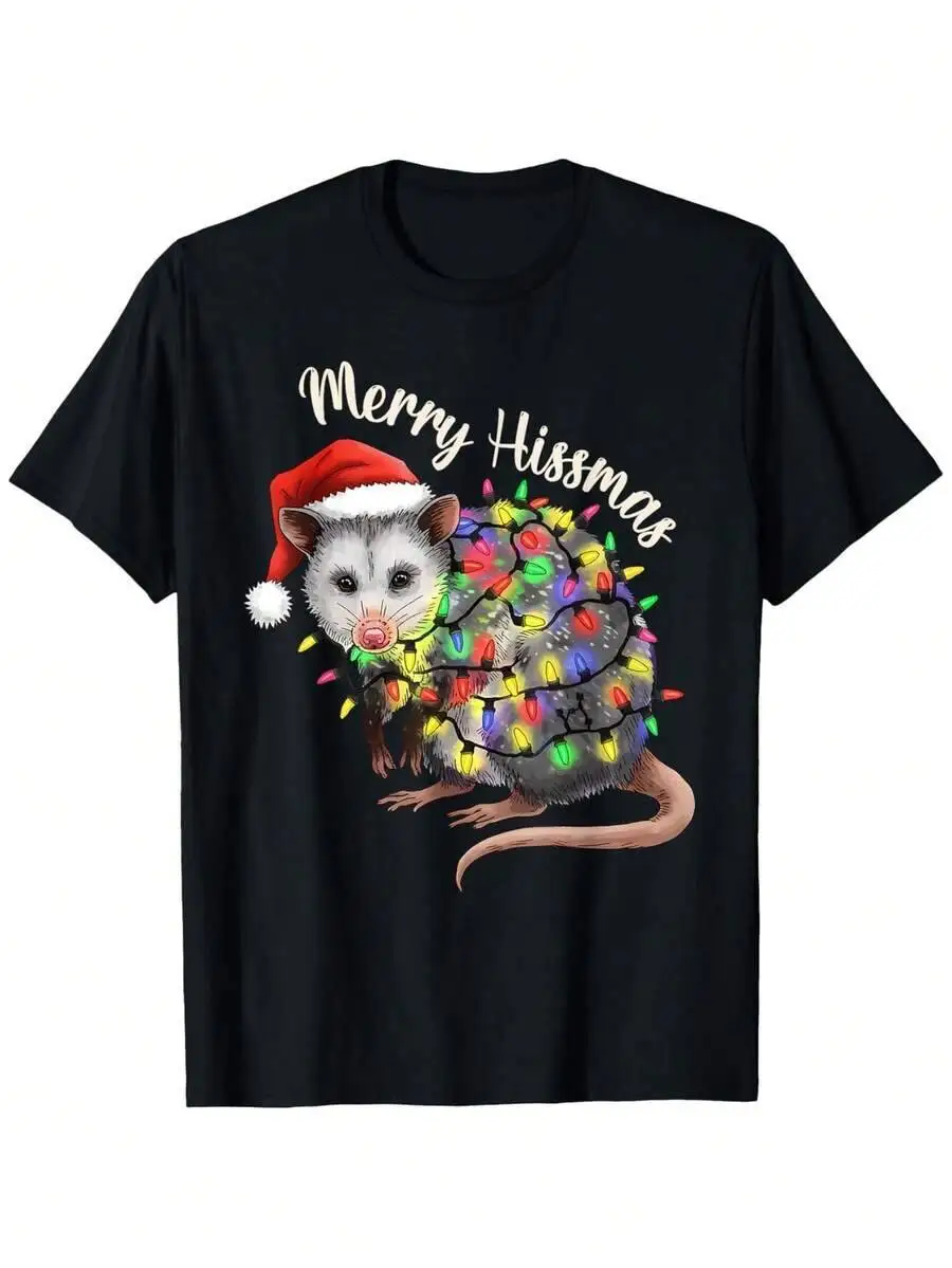 Merry Hissmas Possum Santa Hat Xmas Light Pjs Men Women T-Shirt, Unisex Cotton Casual Round Neck Outdoor Short Sleeve T-Shirt 100% Cotton Trendy Y2K Short-Sleeve Tee-Soft, Quick-Drying, Moisture-Wicking;  Great Gift for Christmas or Halloween.