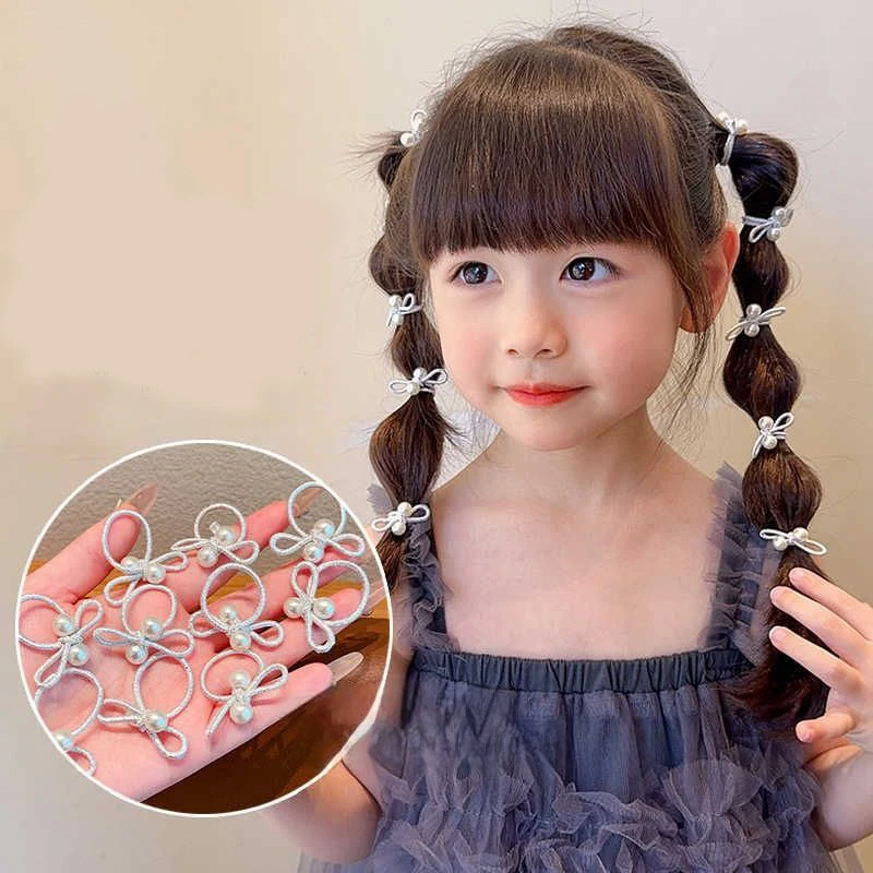 100pcs Small Thumb Hair Tie for Baby Girls Hair Accessories Korean-style Silver Pearl Bow Rubber Elastic Ponytail Hairband Baby