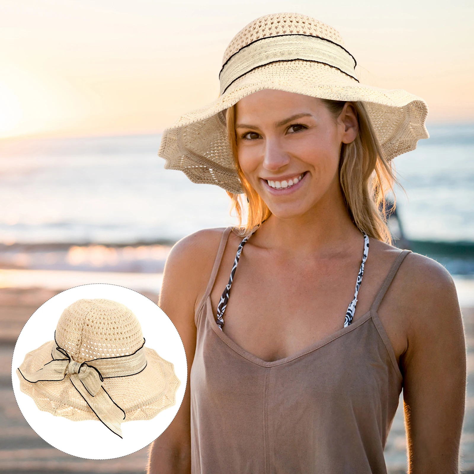 

Adjustable Cotton Folding Sunhat for Women Summer Beach Hat Bowknot Portable Outdoor Straw Hats Ladies Hat