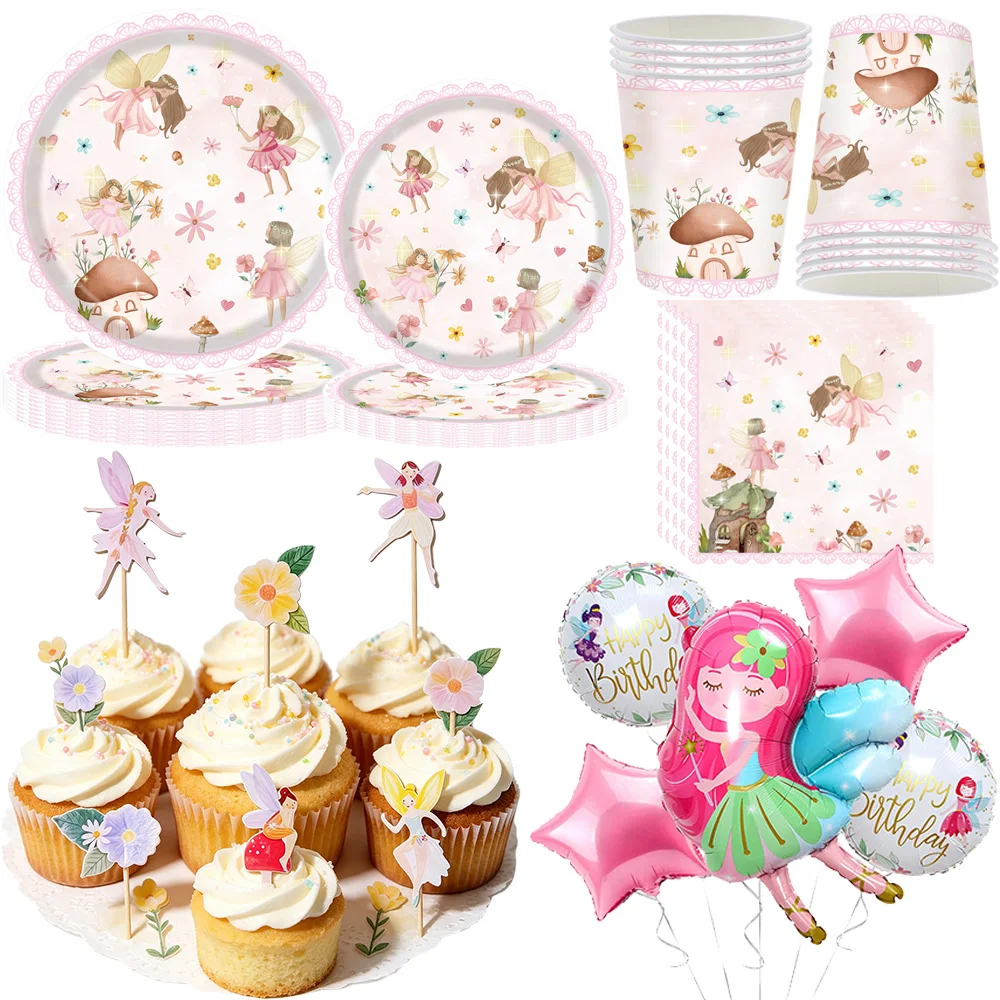 Fairy Party Decor Paper Plates Napkins and Number Balloon Banner Flower Fairy Magic Forest Garden Birthday and Baby Shower Decor