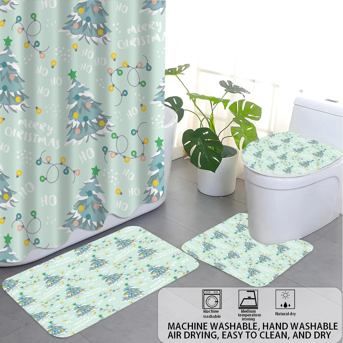

4pcs Happy Christmas Tree Green Print Bathroom Set 180x180 Shower Curtain 12 Hooked Toilet Pads U-shaped Pads Floor Pads