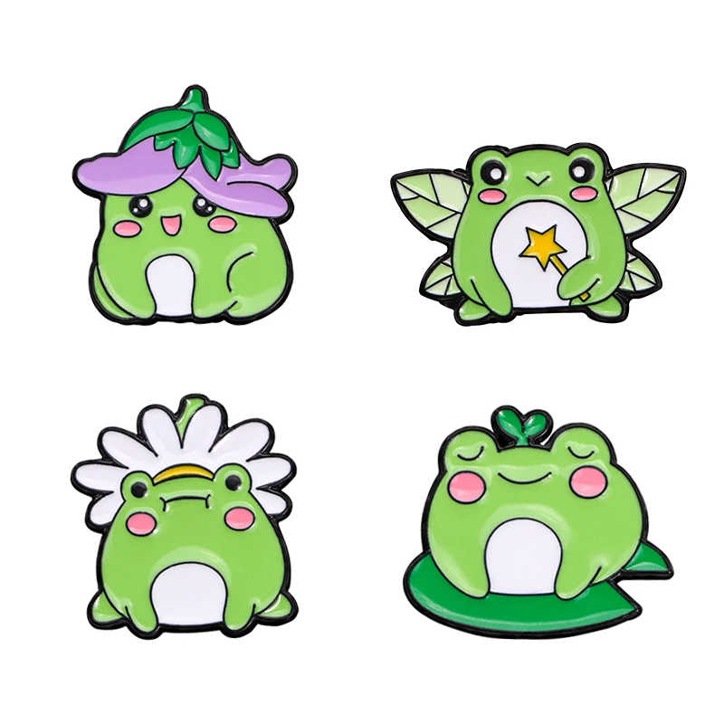 귀여운 만화 개구리 컬렉션 에나멜 핀, 가지 해바라기 연꽃 잎 브로치, 베낭가방 쥬얼리, 4 개