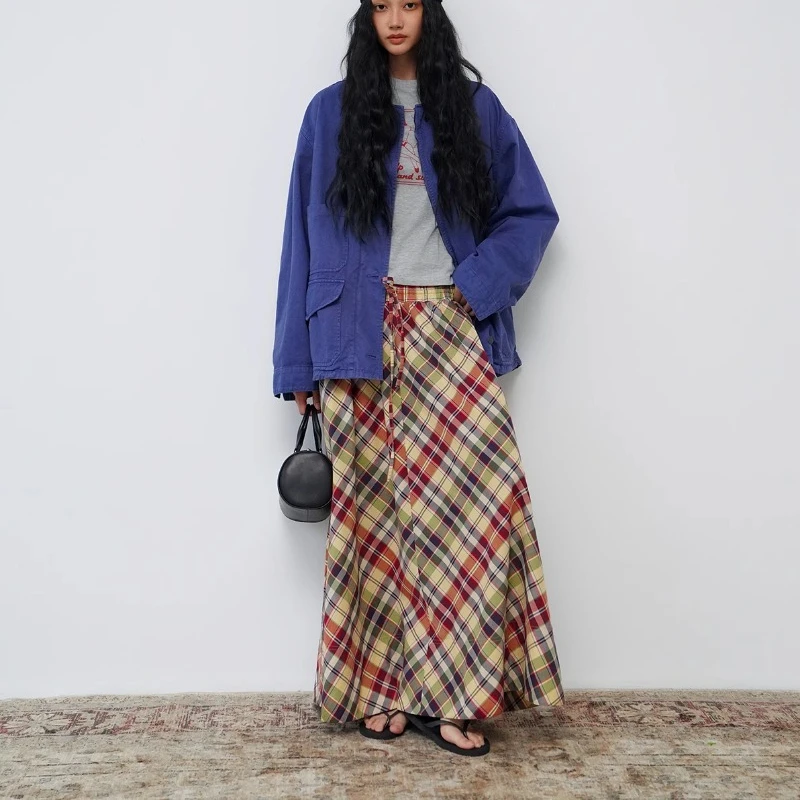 ALIDISC – jupe mi-longue rétro américaine pour femmes, grille en sergé, Silhouette ample, cordon de serrage, sortie décontractée, grande jupe trapèze