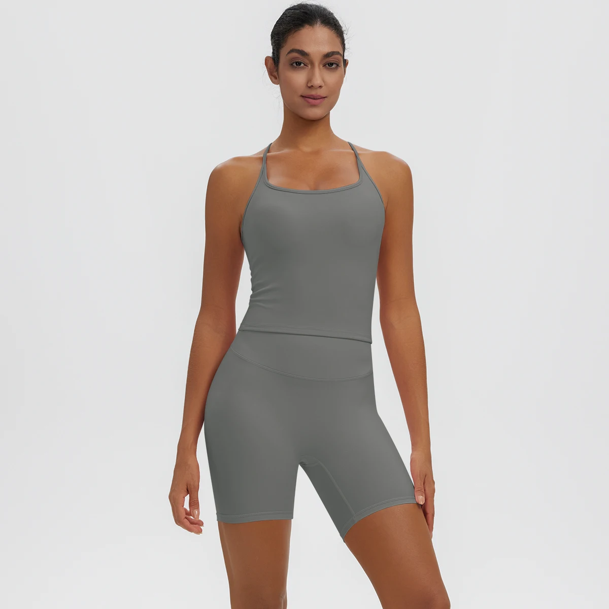 Rooftrellen 2-teiliges sexy einfarbiges Yoga-Set für Frauen, mit schönem Rücken und I-förmiger Weste, Fitness-Lauf-Yoga-Shorts-Set für Damen – Detail 33