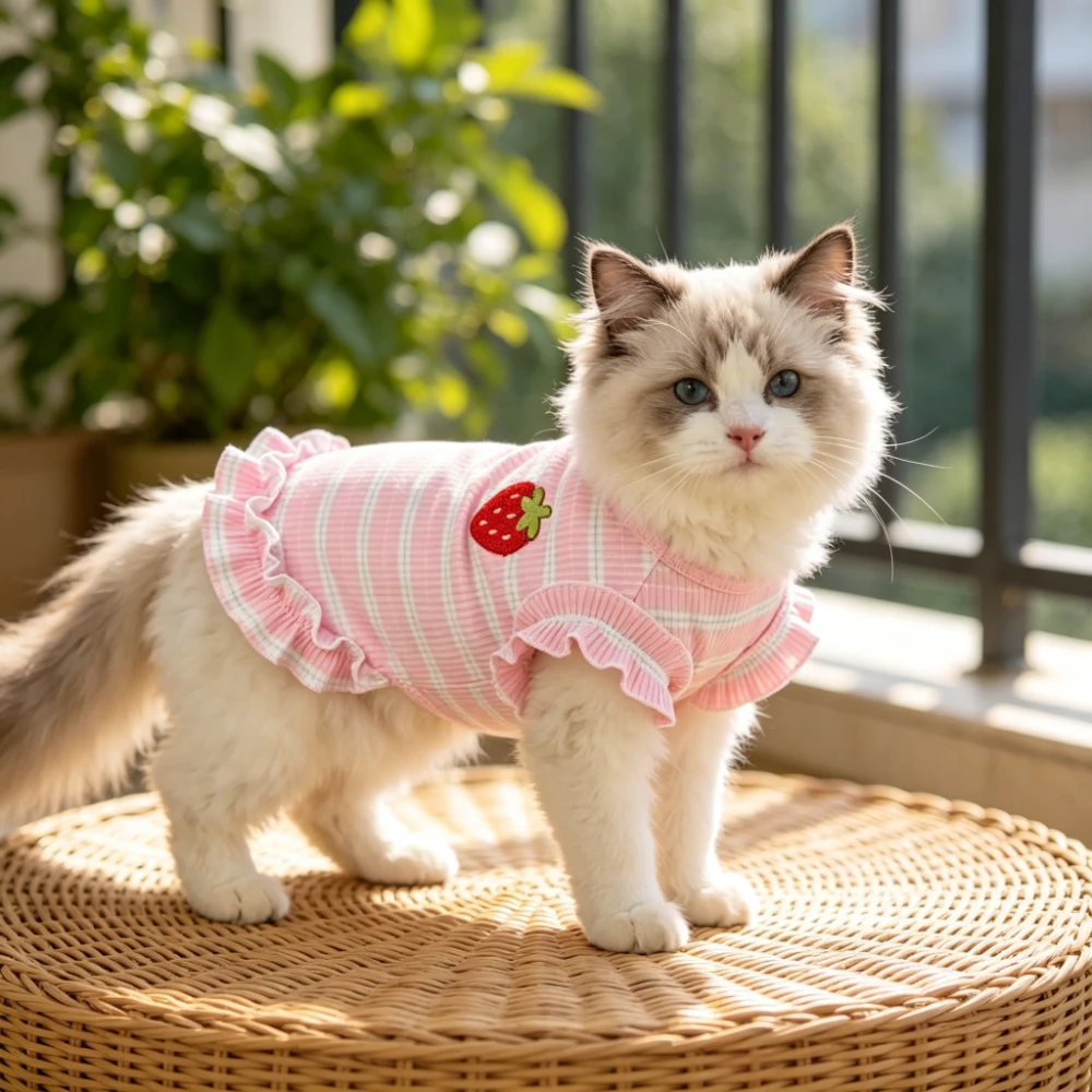 Erdbeer-Besticktes Gestreiftes Hundekleid mit Rüschensaum Niedliche Haustier-Weste für Kleine Hunde und Katzen – Detail 2